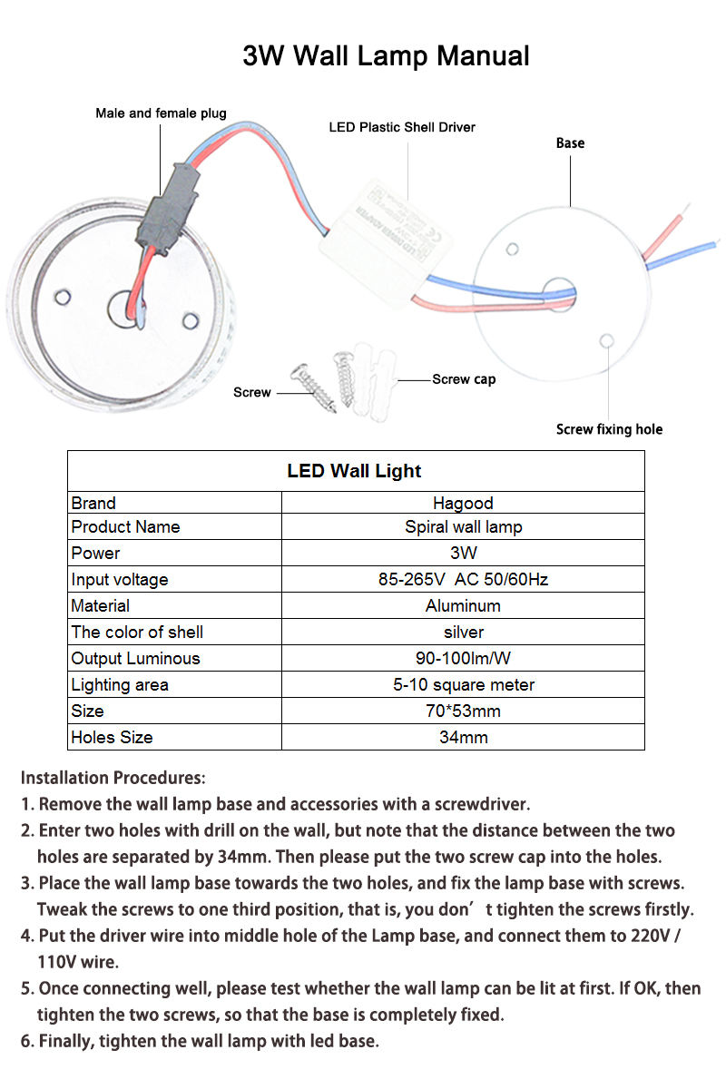 3w Vendite calde Foro a spirale Lampada da parete a LED Lampada da parete Luce calda fredda