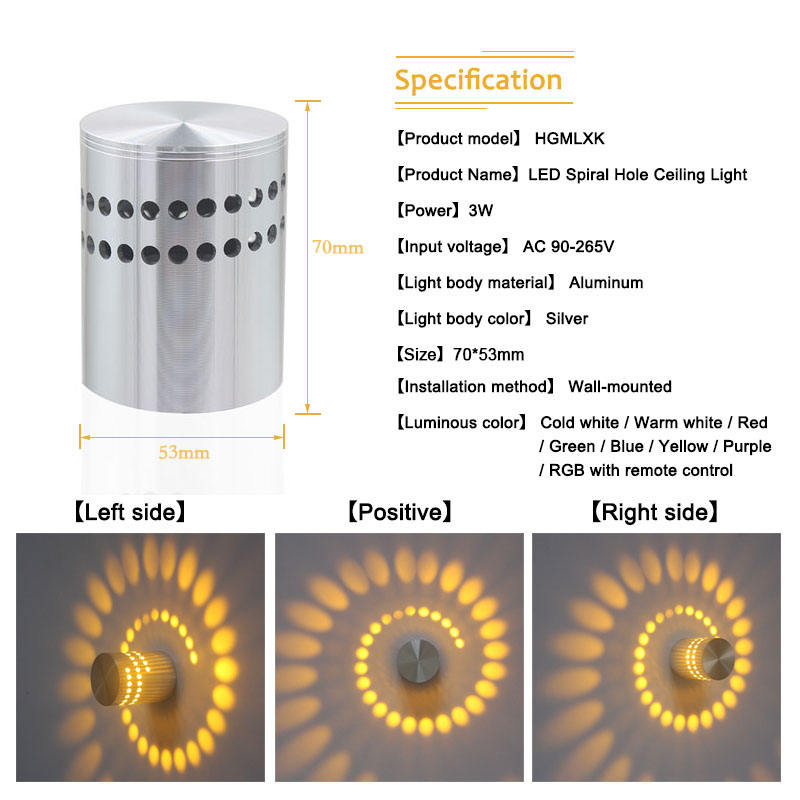 Foro a spirale a parete 3W RGB con controller Lampada da parete a led per interni per lampada da parete decorativa per camera d'albergo