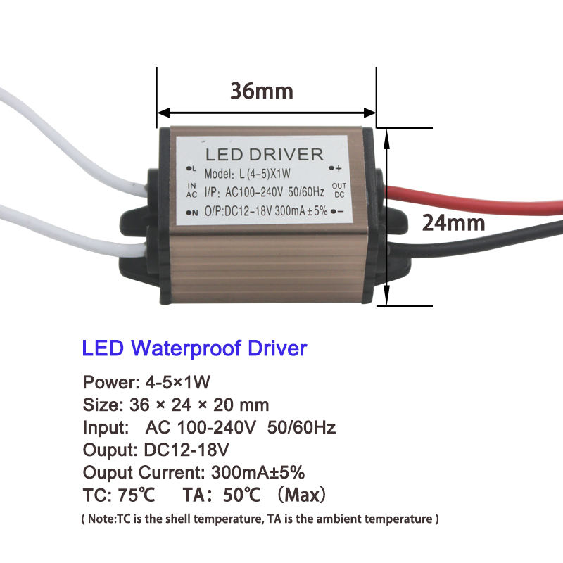 4-5W LED Driver Light Transformer Adattatore di alimentazione Ingresso AC85 - 265V DC12-18V Corrente costante 300mA per striscia LED 5050/3528