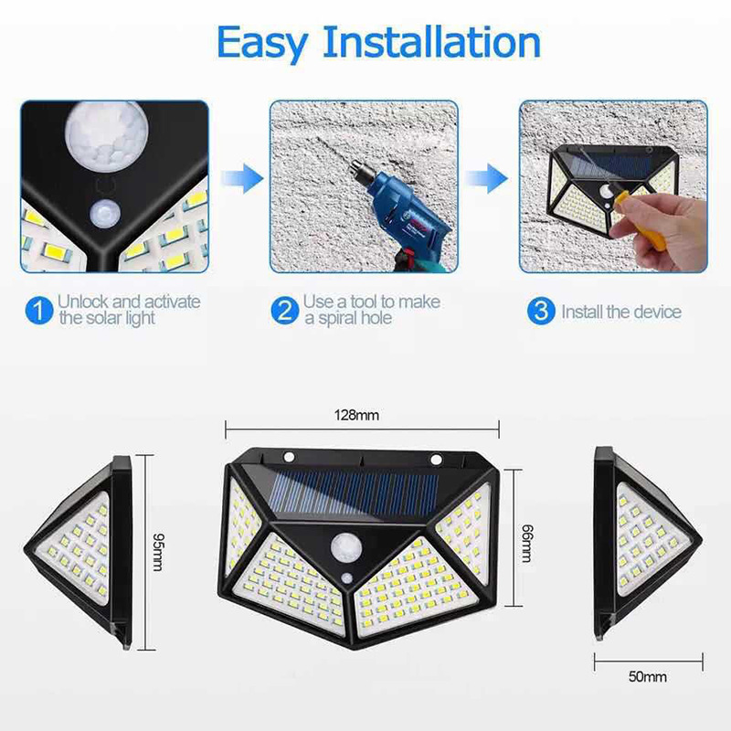 100 LED ip65 Luce solare Lampada solare per esterni Lampada da parete con sensore di movimento PIR Luce solare solare impermeabile per la decorazione del giardino