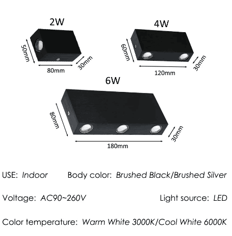 2W/4W/6W/10W/12W Led Applique da parete per esterni Illuminazione da parete a led Lampada da parete nera Decorazione per esterni Lampada da parete Superficie spazzolata Camera da letto Soggiorno Corridoio Corridoio Semplice