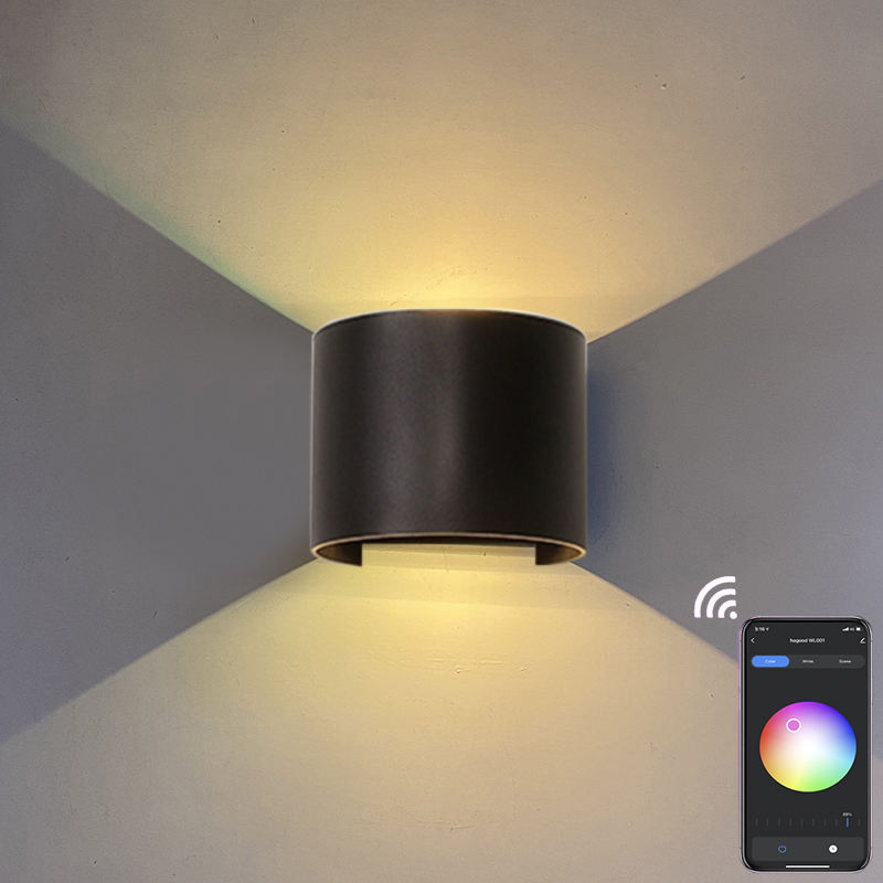 APP Control Smart Applique da parete a LED Lampada da parete regolabile rotonda Lampada da giardino per esterni IP65 Moderna applique da parete a LED da 9 W Su e giù Applique da parete a LED a parete Luci controllate da app