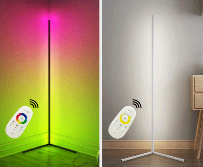 Lampada d'angolo del soggiorno rosso netto colorato lampada da terra a LED RGB con oscuramento della luce di riempimento a triangolo dal vivo