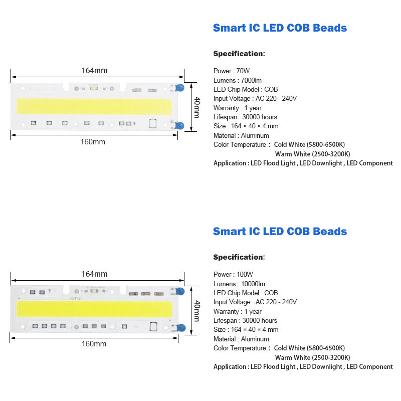 LED COB Light chip 30W 50W 70W 100W 150W LED Chip lampadina 220V Ingresso Smart IC LED Driver per proiettore LED fai da te