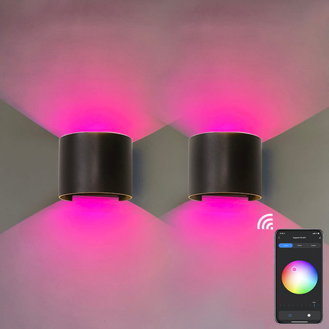 APP Control Smart Applique da parete a LED Lampada da parete regolabile rotonda Lampada da giardino per esterni IP65 Moderna applique da parete a LED da 9 W Su e giù Applique da parete a LED a parete Luci controllate da app