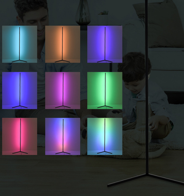 Lampada d'angolo del soggiorno rosso netto colorato lampada da terra a LED RGB con oscuramento della luce di riempimento a triangolo dal vivo