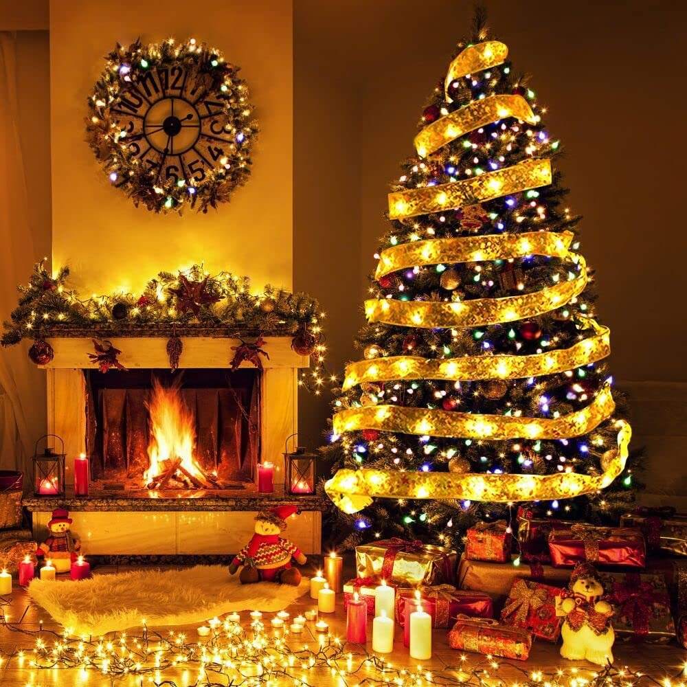Luci a nastro a LED Ornamenti per l'albero di Natale Luci a stringa di fata Fiocco in pizzo fai-da-te per la lampada della decorazione natalizia di capodanno della casa di Navidad