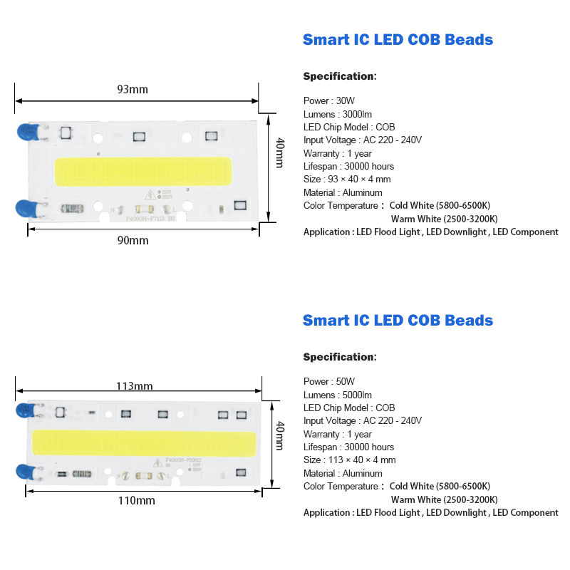 LED COB Light chip 30W 50W 70W 100W 150W LED Chip lampadina 220V Ingresso Smart IC LED Driver per proiettore LED fai da te